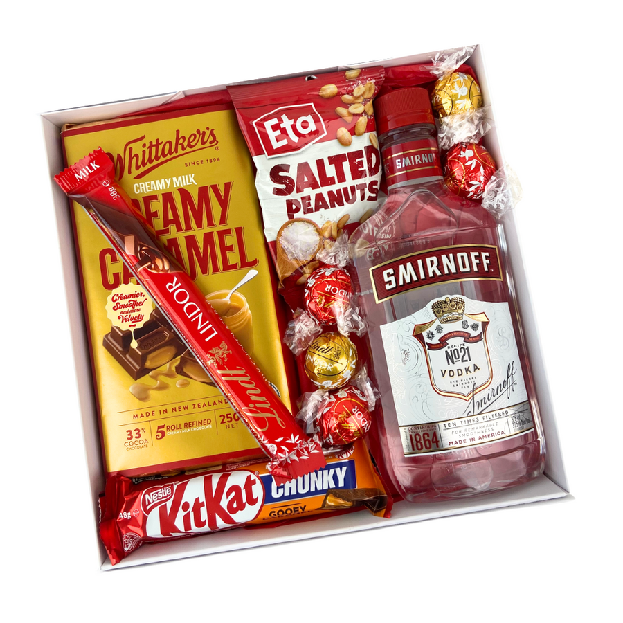 Alcohol Gift Box NZ with Celebration Box. Smirnoff, Sweet Treats and Snacks NZ delivery.