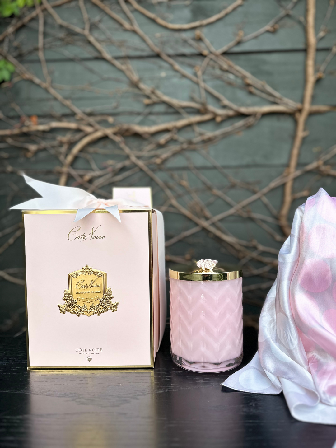 Côte Noire Herringbone Charente Rose Candle and Scarf